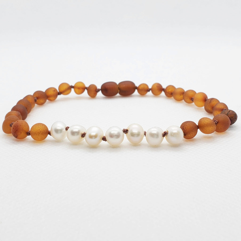 Adults | Freshwater Pearl + Raw Cognac Amber Anklet - R.B. Amber Jewelry