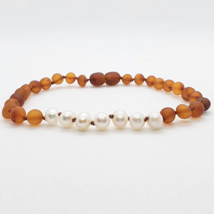 Adults | Freshwater Pearl + Raw Cognac Amber Anklet - R.B. Amber Jewelry