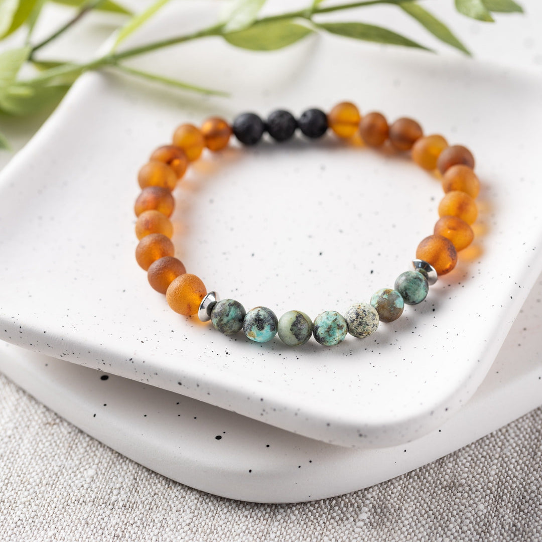 Adults | African Turquoise + Raw Cognac Aromatherapy Bracelet - R.B. Amber Jewelry