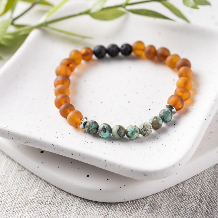 Adults | African Turquoise + Raw Cognac Aromatherapy Bracelet - R.B. Amber Jewelry