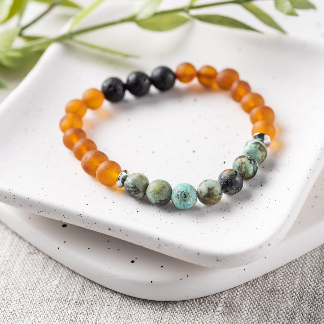 Adults | African Turquoise + Raw Cognac Aromatherapy Bracelet - R.B. Amber Jewelry
