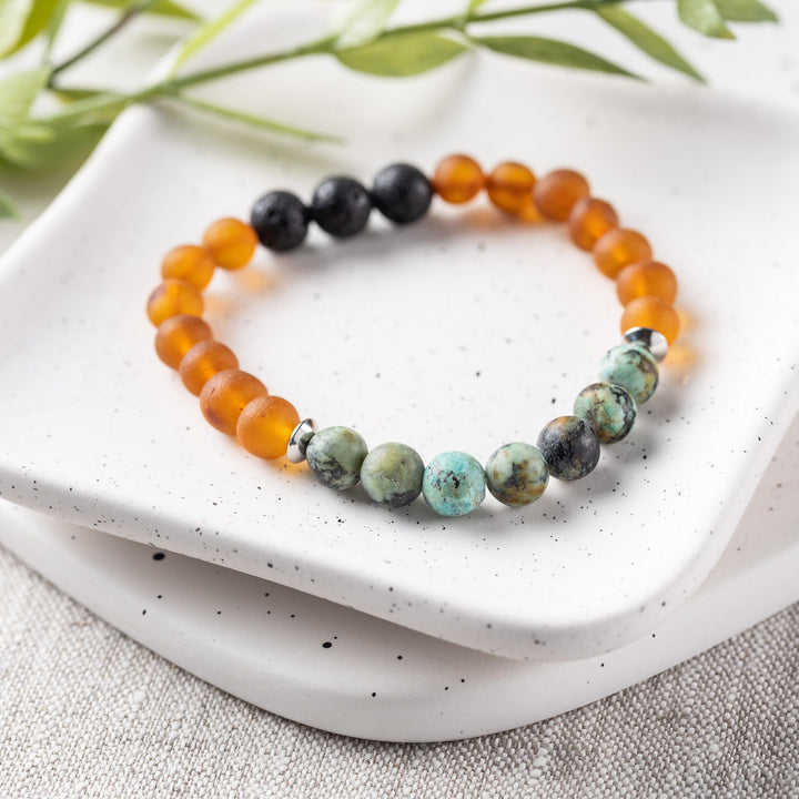Adults | African Turquoise + Raw Cognac Aromatherapy Bracelet - R.B. Amber Jewelry