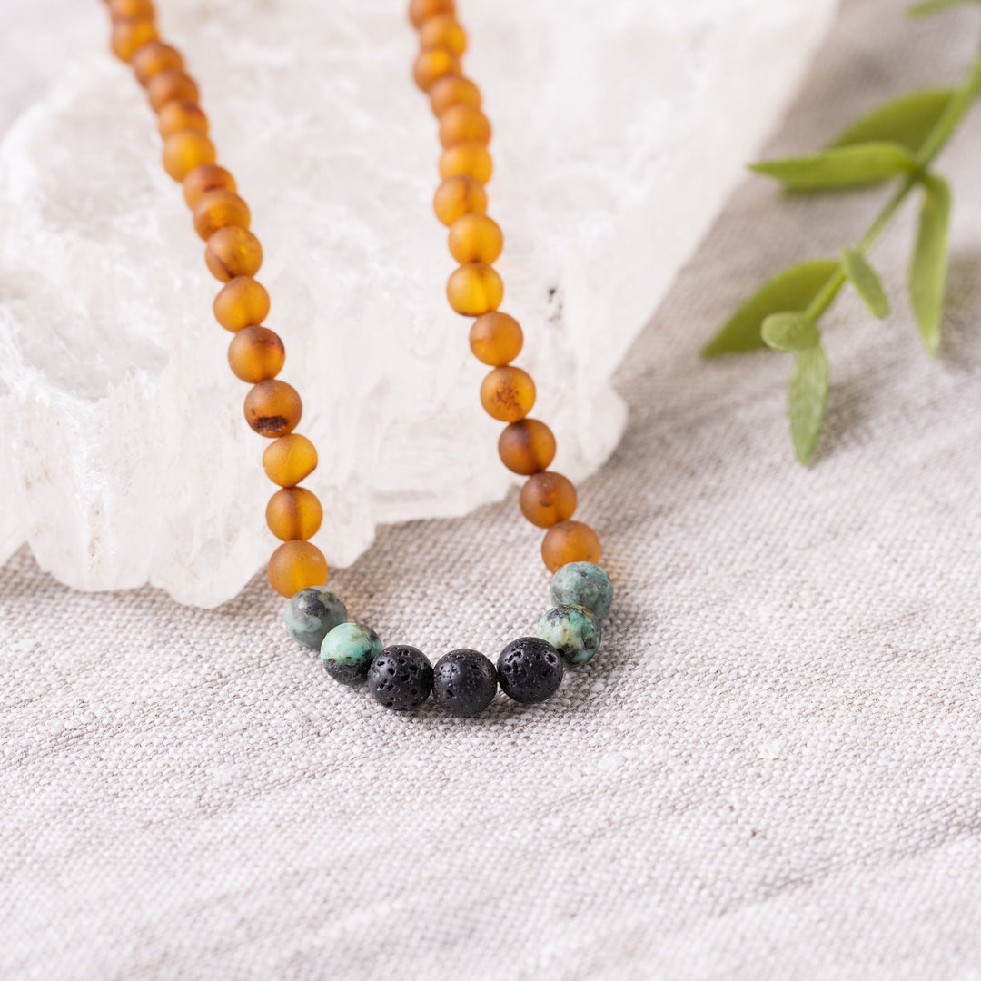 Adults | African Turquoise + Raw Cognac Aromatherapy Necklace - R.B. Amber Jewelry