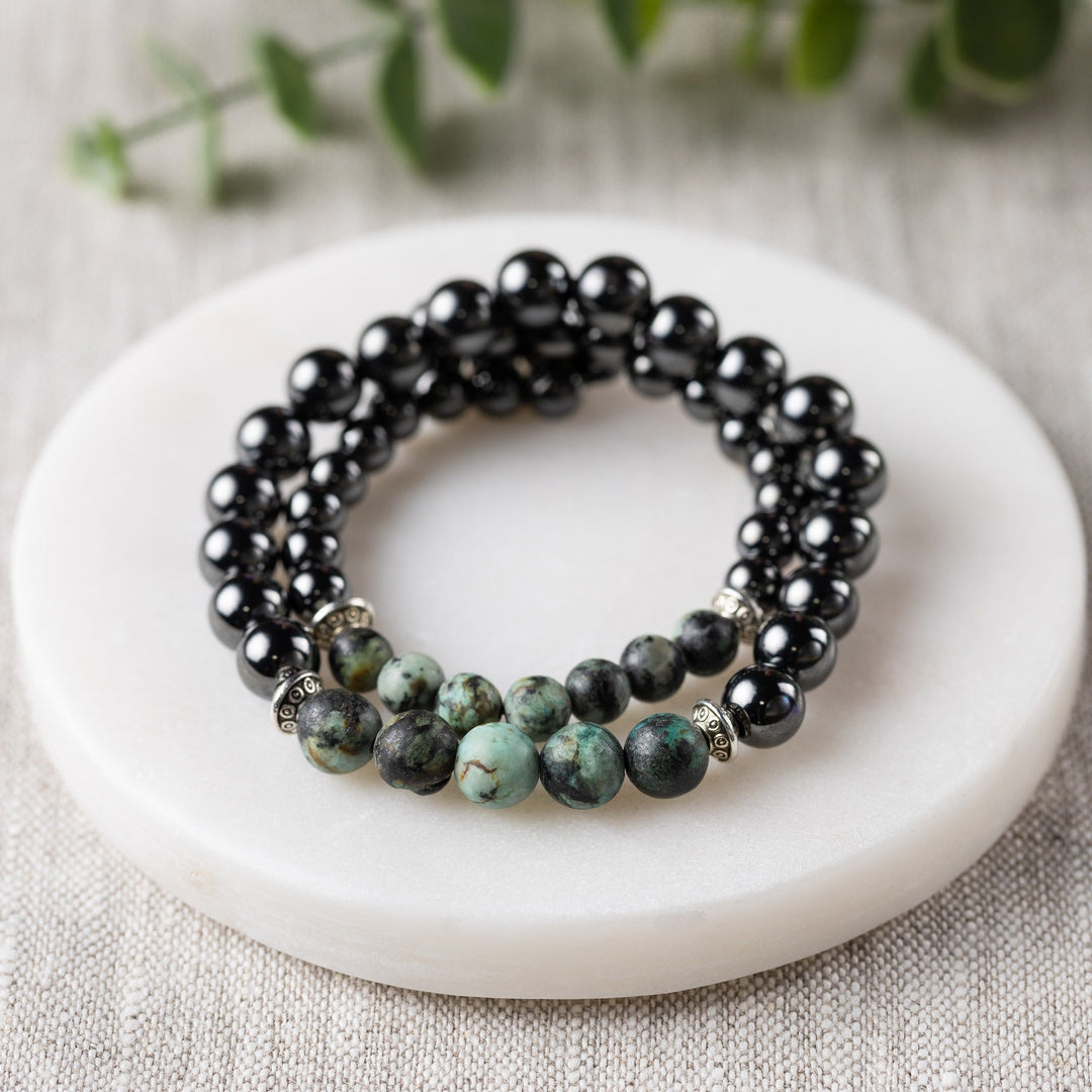 Adults | African Turquoise + High Power Magnetic Hematite Bracelet - R.B. Amber Jewelry