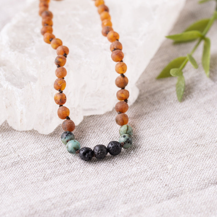 Kids | African Turquoise + Raw Cognac Aromatherapy Necklace - R.B. Amber Jewelry