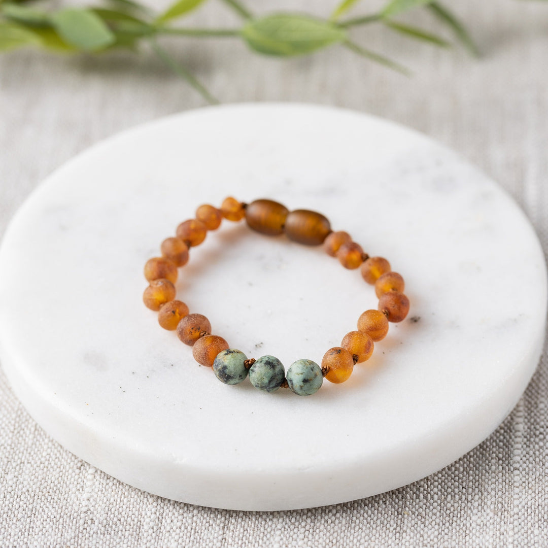 Kids | African Turquoise + Raw Cognac Amber Bracelet - R.B. Amber Jewelry