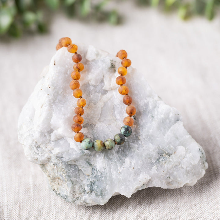 Kids | African Turquoise + Raw Cognac Amber Necklace - R.B. Amber Jewelry