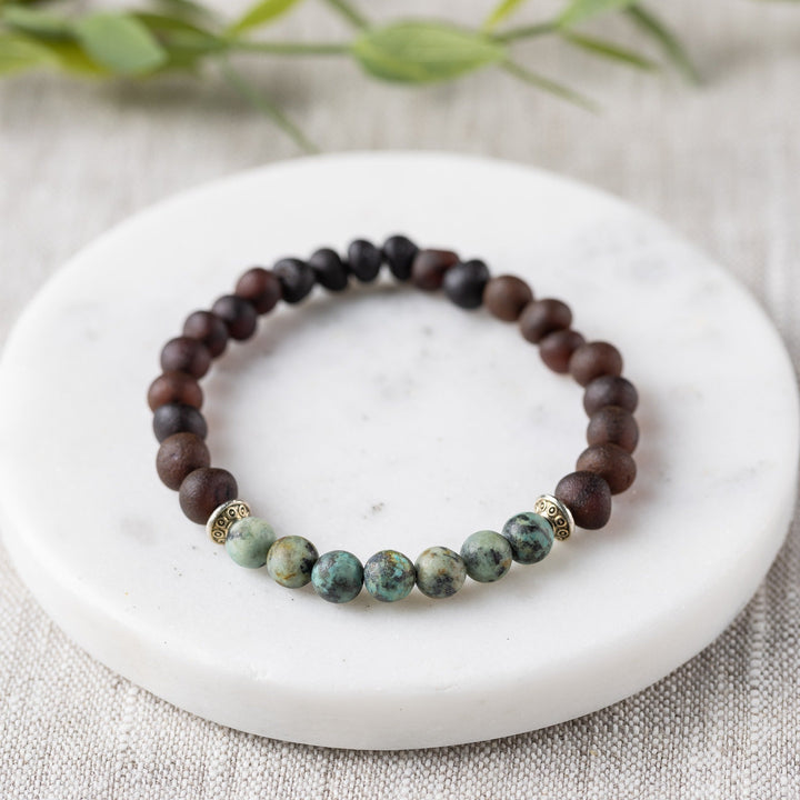Adults | African Turquoise + Raw Cherry Amber Bracelet - R.B. Amber Jewelry