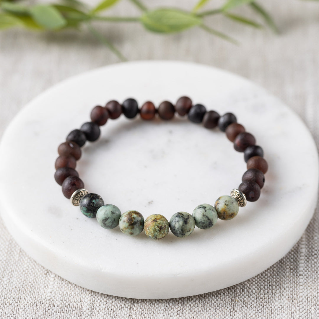 Adults | African Turquoise + Raw Cherry Amber Bracelet - R.B. Amber Jewelry