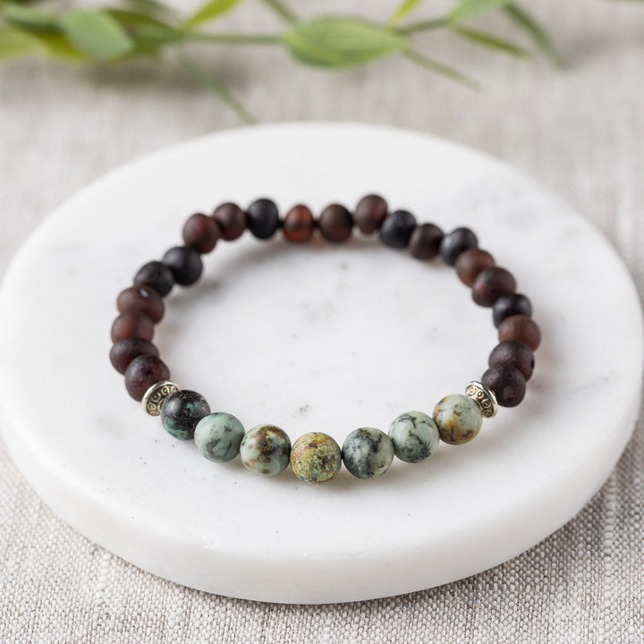 Adults | African Turquoise + Raw Cherry Amber Bracelet - R.B. Amber Jewelry