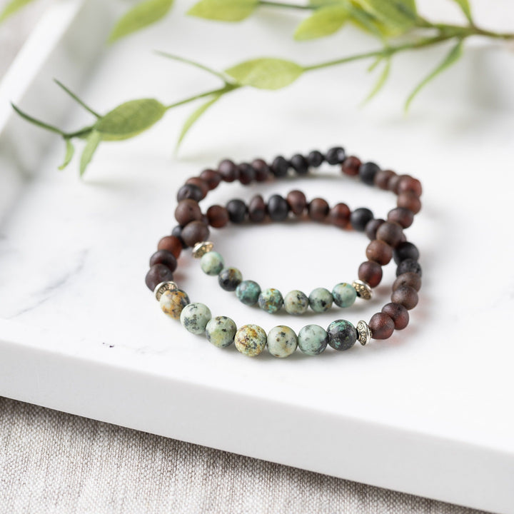 Adults | African Turquoise + Raw Cherry Amber Bracelet - R.B. Amber Jewelry