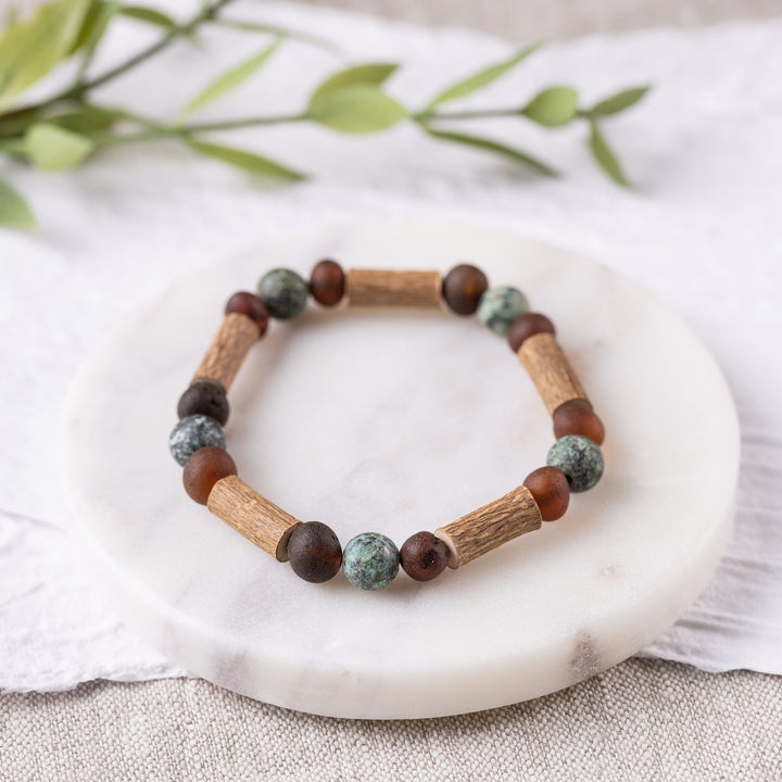 Adults | African Turquoise + Raw Cherry Amber Hazelwood Bracelet - R.B. Amber Jewelry