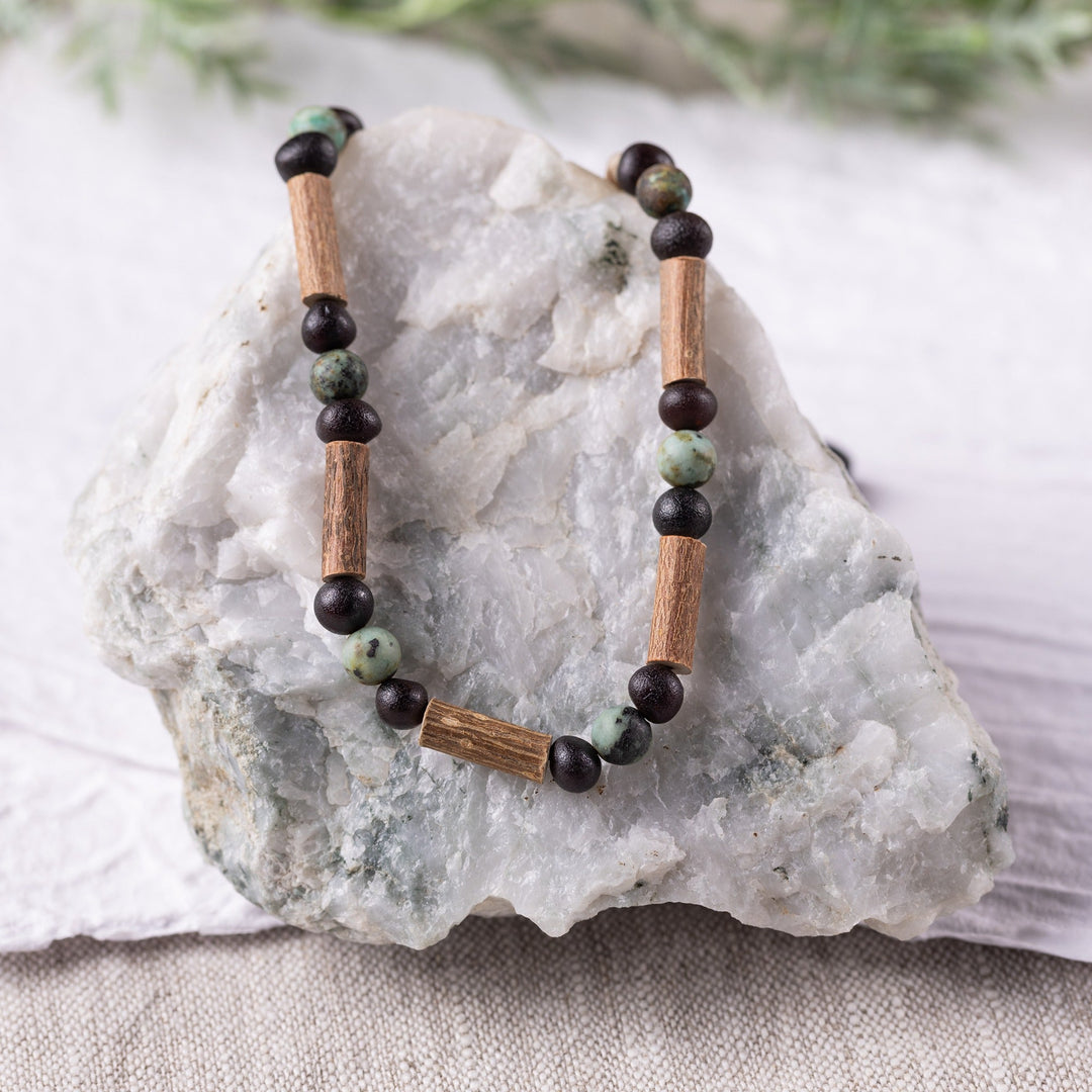 Adults | African Turquoise + Raw Cherry Amber Hazelwood Necklace - R.B. Amber Jewelry
