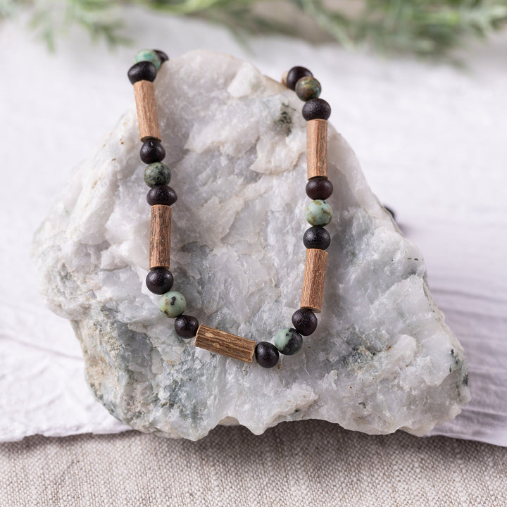 Adults | African Turquoise + Raw Cherry Amber Hazelwood Necklace - R.B. Amber Jewelry