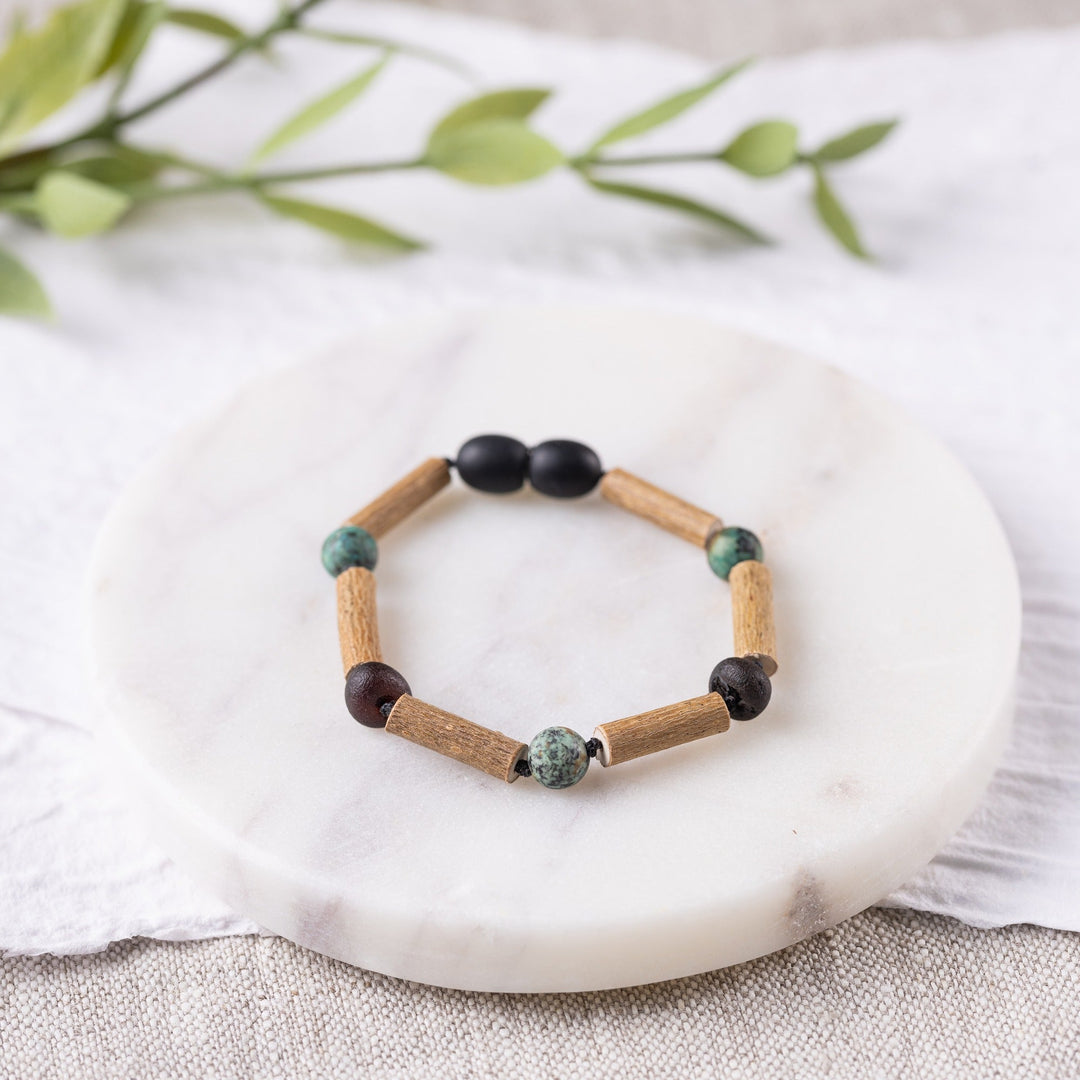 Kids | African Turquoise + Raw Cherry Amber Hazelwood Bracelet - R.B. Amber Jewelry