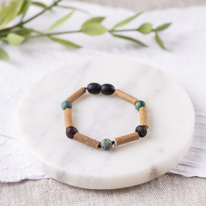 Kids | African Turquoise + Raw Cherry Amber Hazelwood Bracelet - R.B. Amber Jewelry