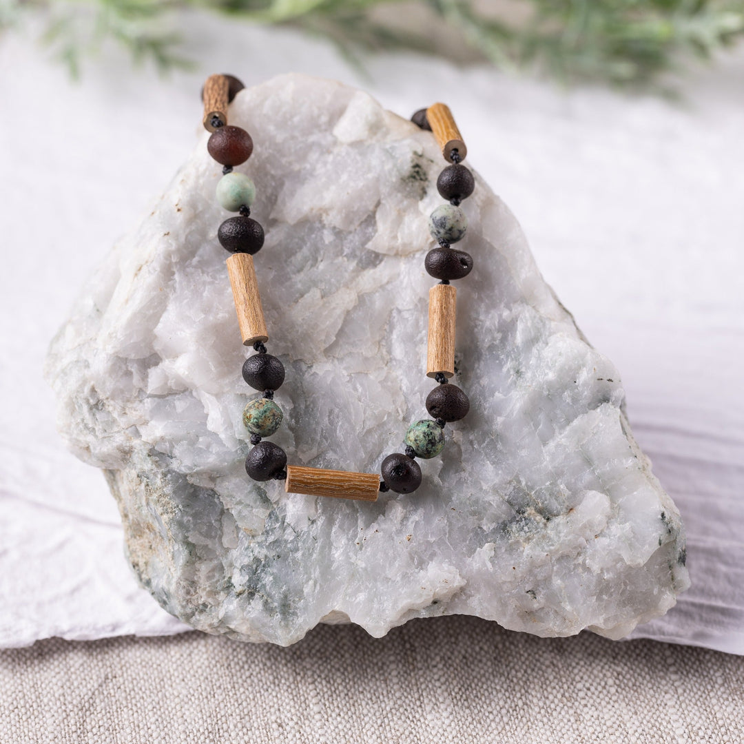 Kids | African Turquoise + Raw Cherry Amber Hazelwood Necklace - R.B. Amber Jewelry