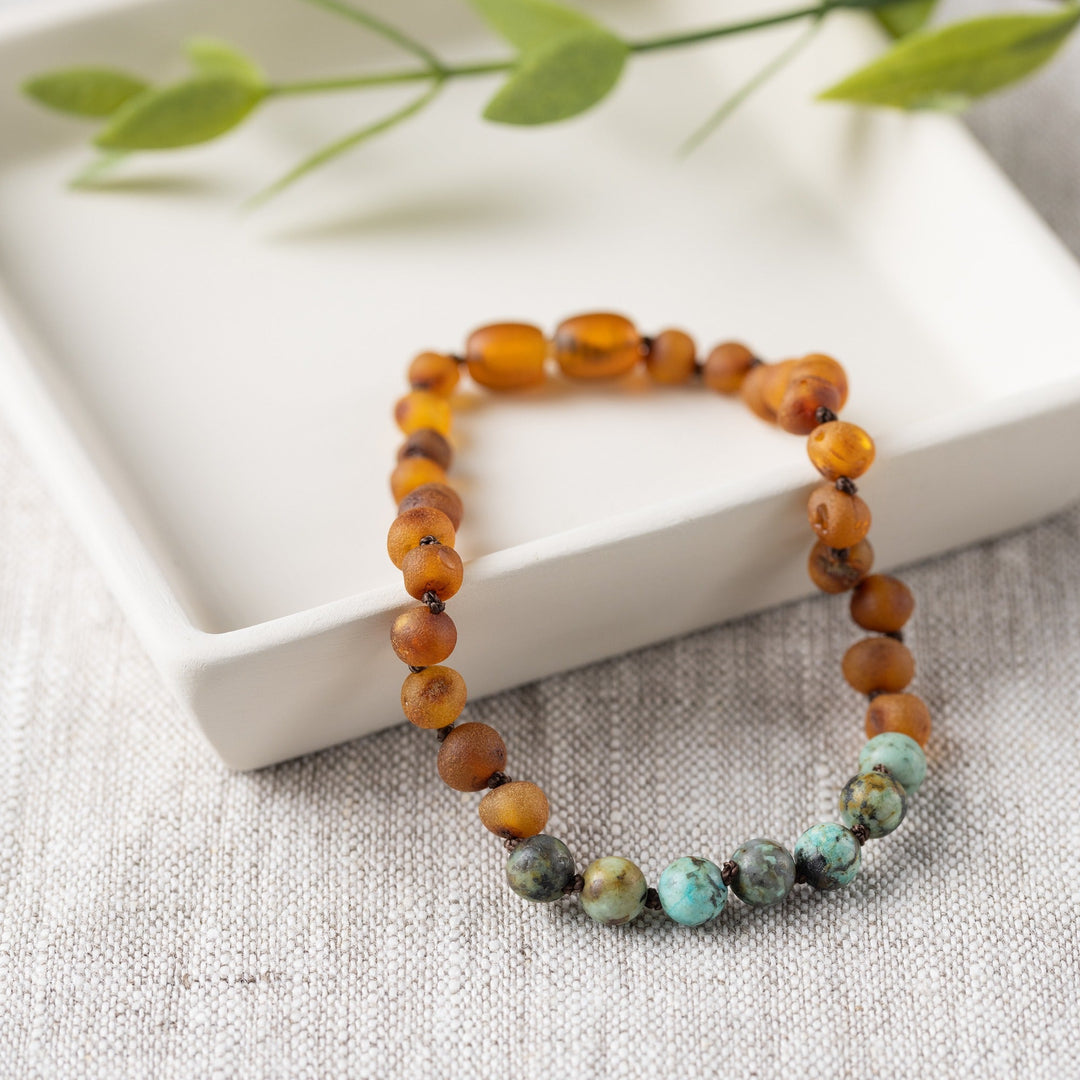 Adults | African Turquoise + Raw Cognac Amber Anklet - R.B. Amber Jewelry