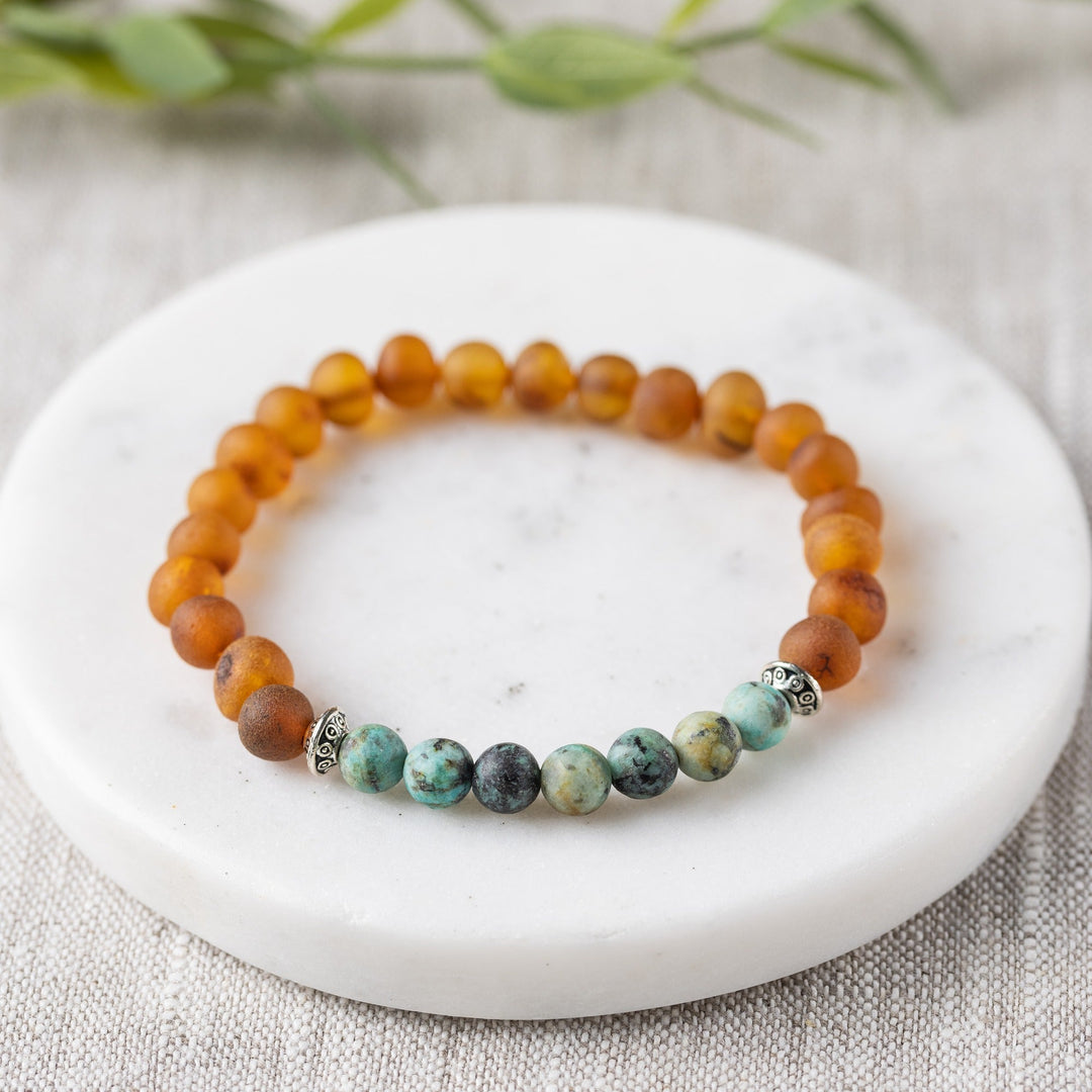 Adults | African Turquoise + Raw Cognac Amber Bracelet - R.B. Amber Jewelry