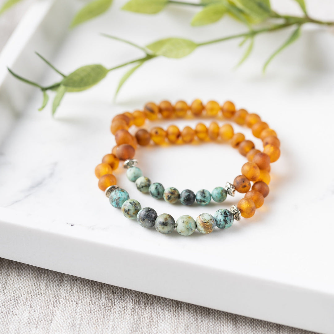 Adults | African Turquoise + Raw Cognac Amber Bracelet - R.B. Amber Jewelry