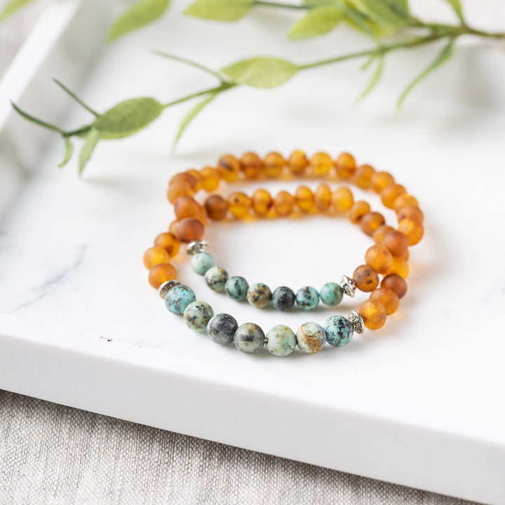 Adults | African Turquoise + Raw Cognac Amber Bracelet - R.B. Amber Jewelry