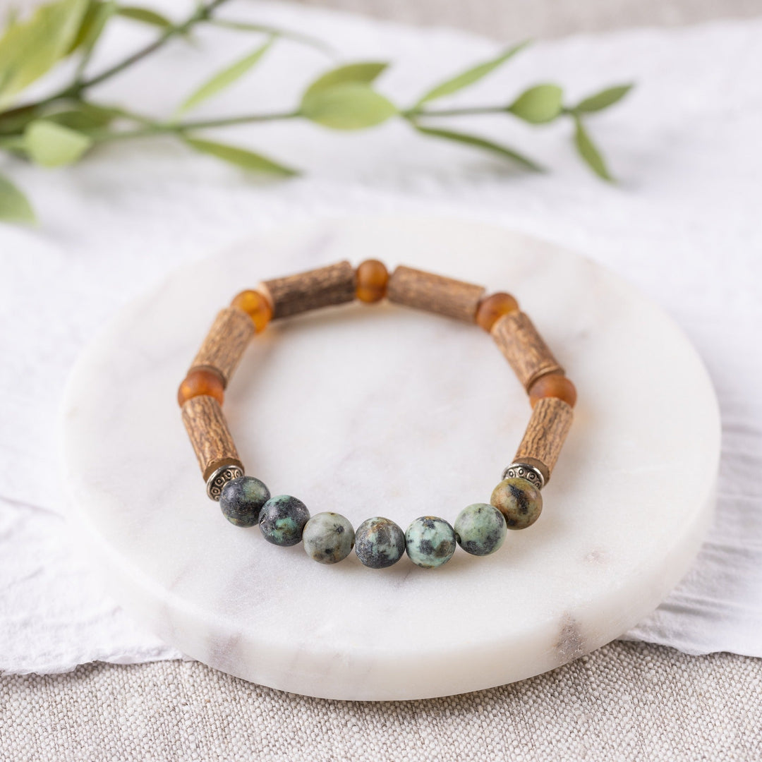 Adults | African Turquoise + Raw Cognac Amber Hazelwood Bracelet - R.B. Amber Jewelry