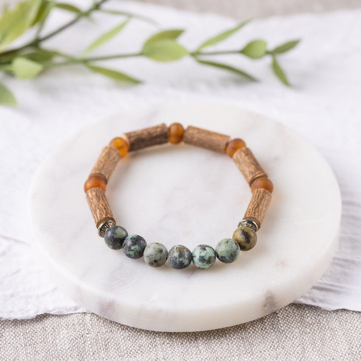 Adults | African Turquoise + Raw Cognac Amber Hazelwood Bracelet - R.B. Amber Jewelry