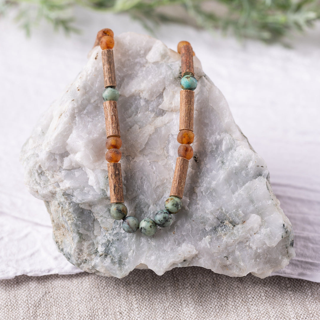 Adults | African Turquoise + Raw Cognac Amber Hazelwood Necklace - R.B. Amber Jewelry