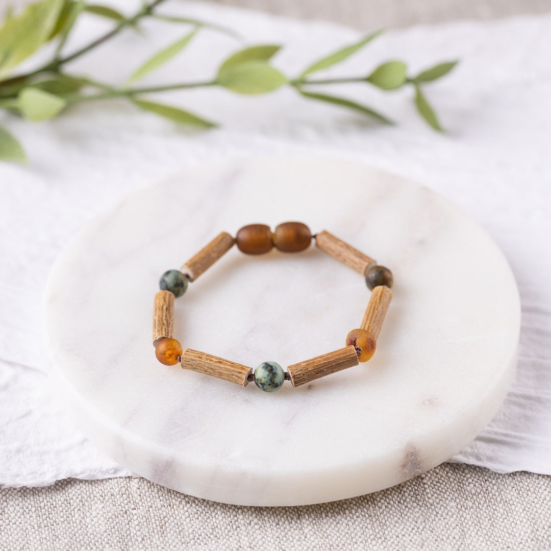 Kids | African Turquoise + Raw Cognac Amber Hazelwood Bracelet - R.B. Amber Jewelry