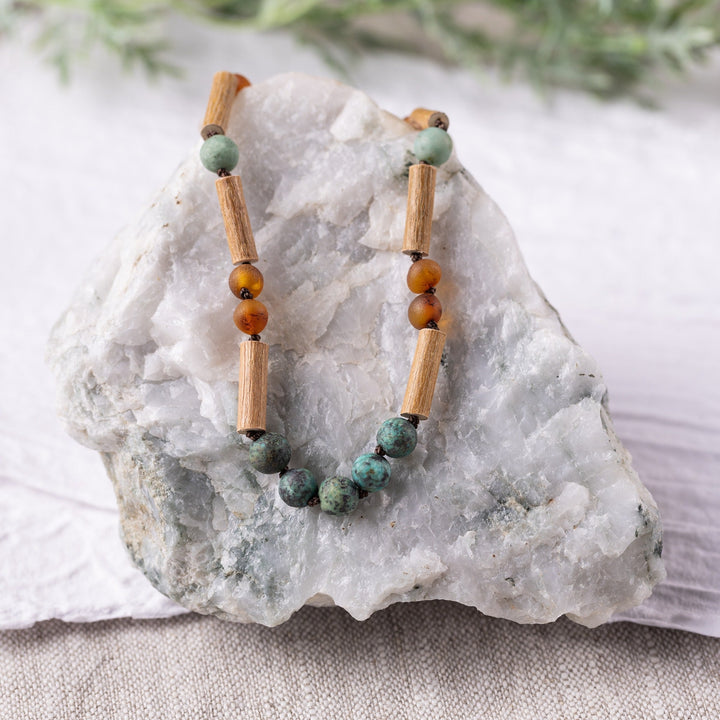Kids | African Turquoise + Raw Cognac Amber Hazelwood Necklace - R.B. Amber Jewelry