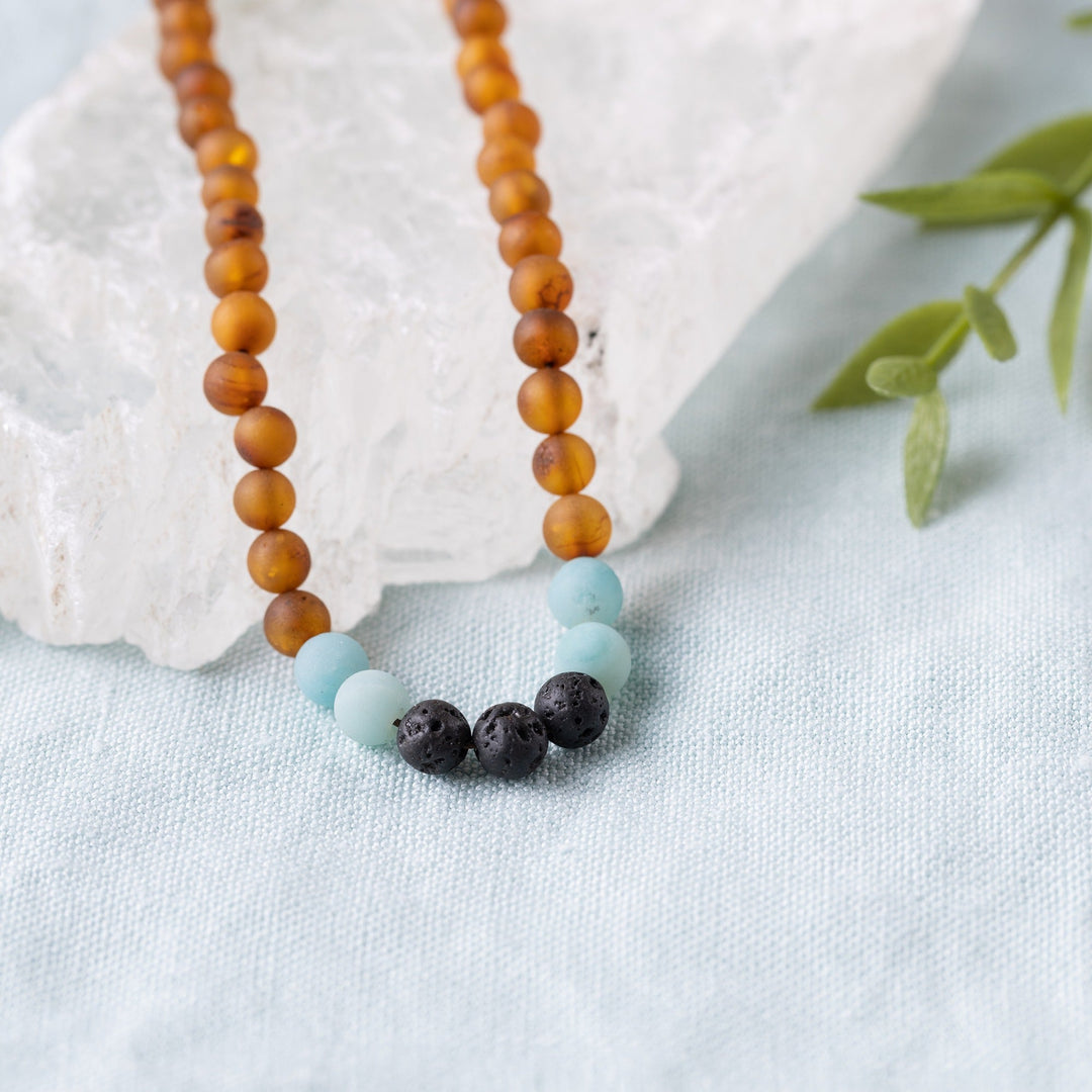 Adults | Amazonite + Raw Cognac Aromatherapy Necklace - R.B. Amber Jewelry