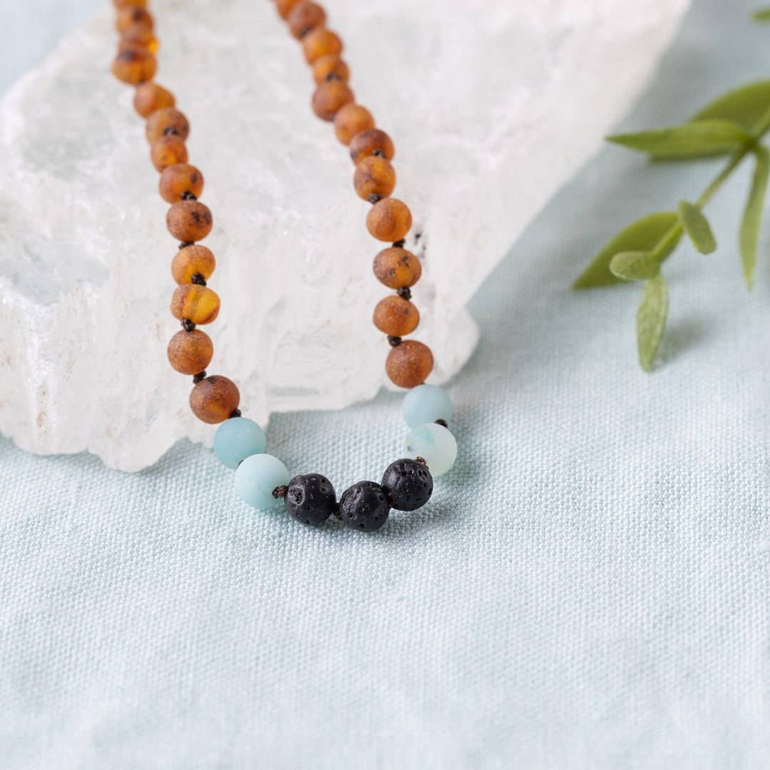 Kids | Amazonite + Raw Cognac Aromatherapy Necklace - R.B. Amber Jewelry