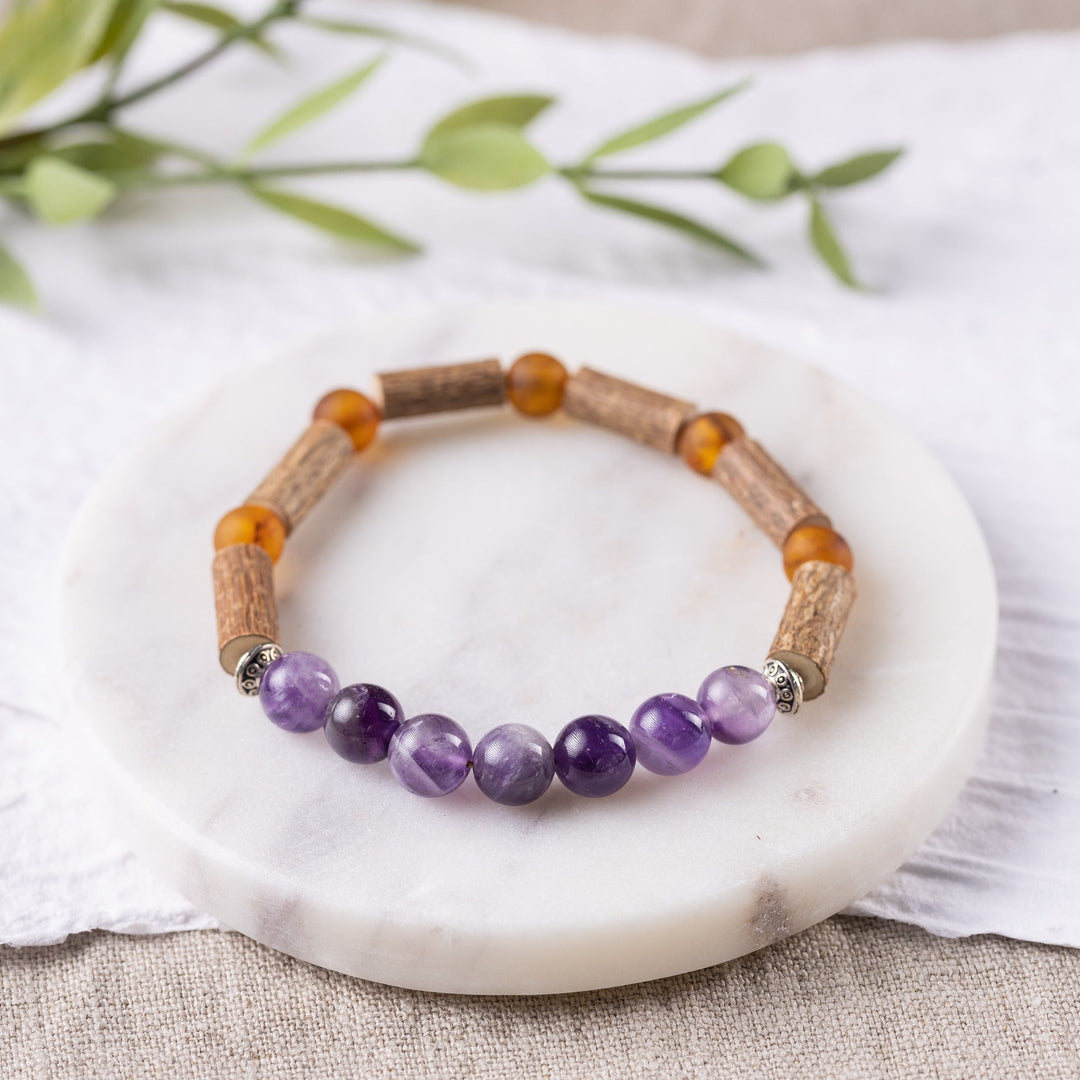 Adults | Amethyst + Raw Cognac Amber Hazelwood Bracelet - R.B. Amber Jewelry