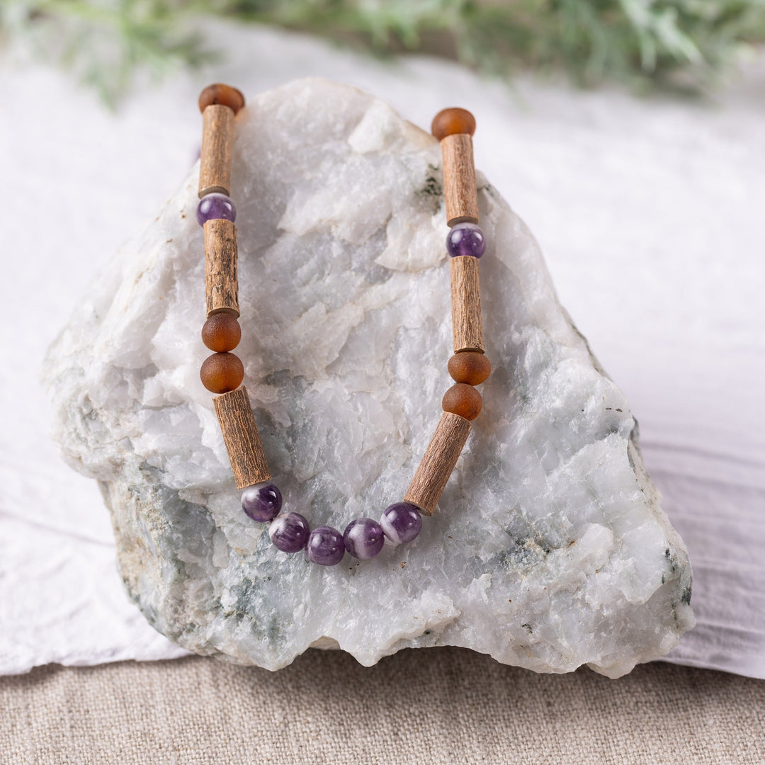 Adults | Amethyst + Raw Cognac Amber Hazelwood Necklace - R.B. Amber Jewelry