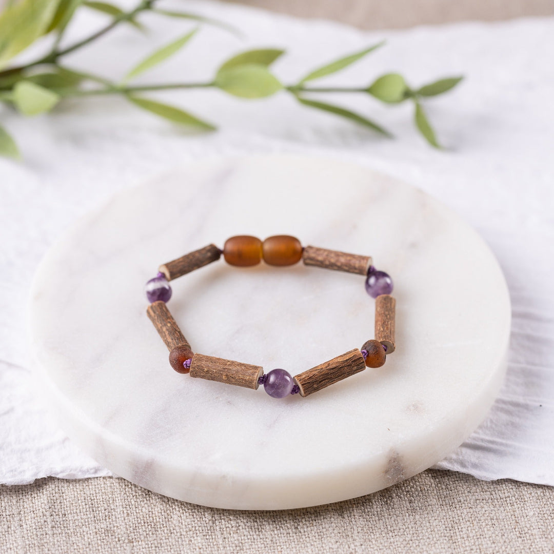 Kids | Amethyst + Raw Cognac Amber Hazelwood Bracelet - R.B. Amber Jewelry