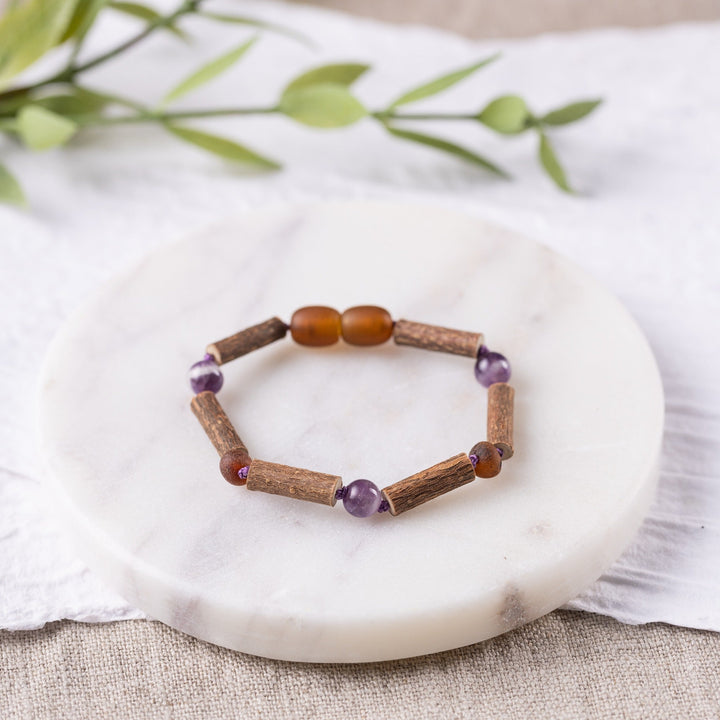 Kids | Amethyst + Raw Cognac Amber Hazelwood Bracelet - R.B. Amber Jewelry