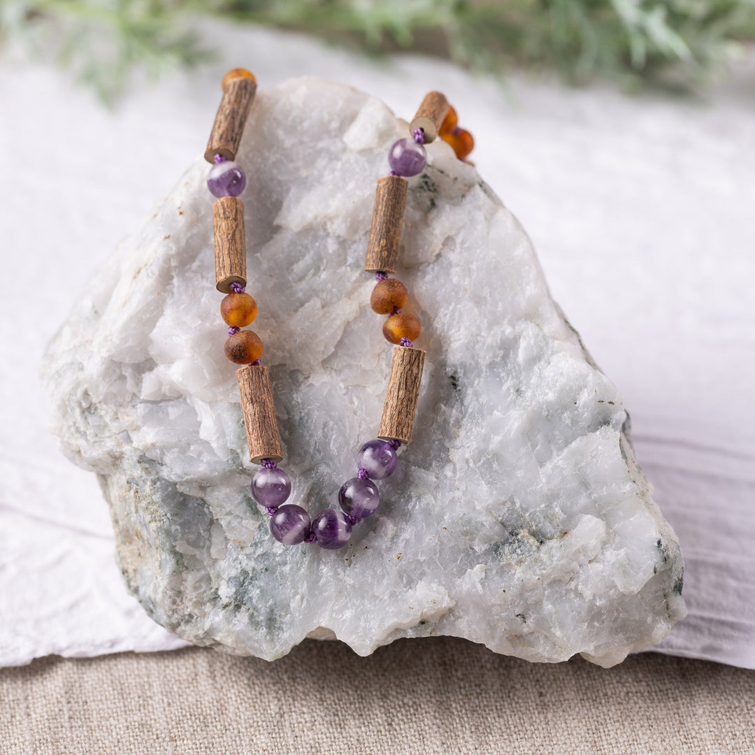 Kids | Amethyst + Raw Cognac Amber Hazelwood Necklace - R.B. Amber Jewelry