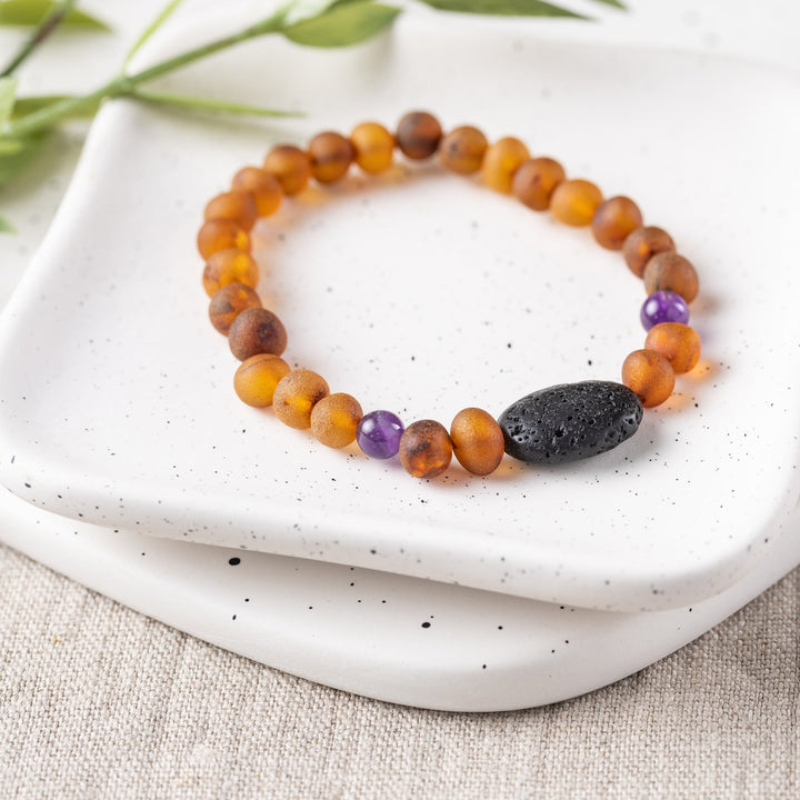 Adults | Amethyst + Raw Cognac Aromatherapy Pendant Bracelet - R.B. Amber Jewelry