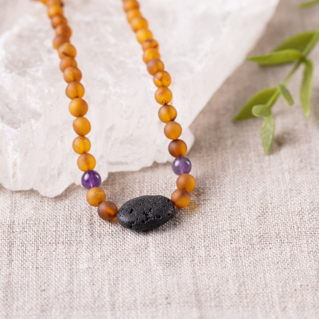 Adults | Amethyst + Raw Cognac Aromatherapy Pendant Necklace - R.B. Amber Jewelry