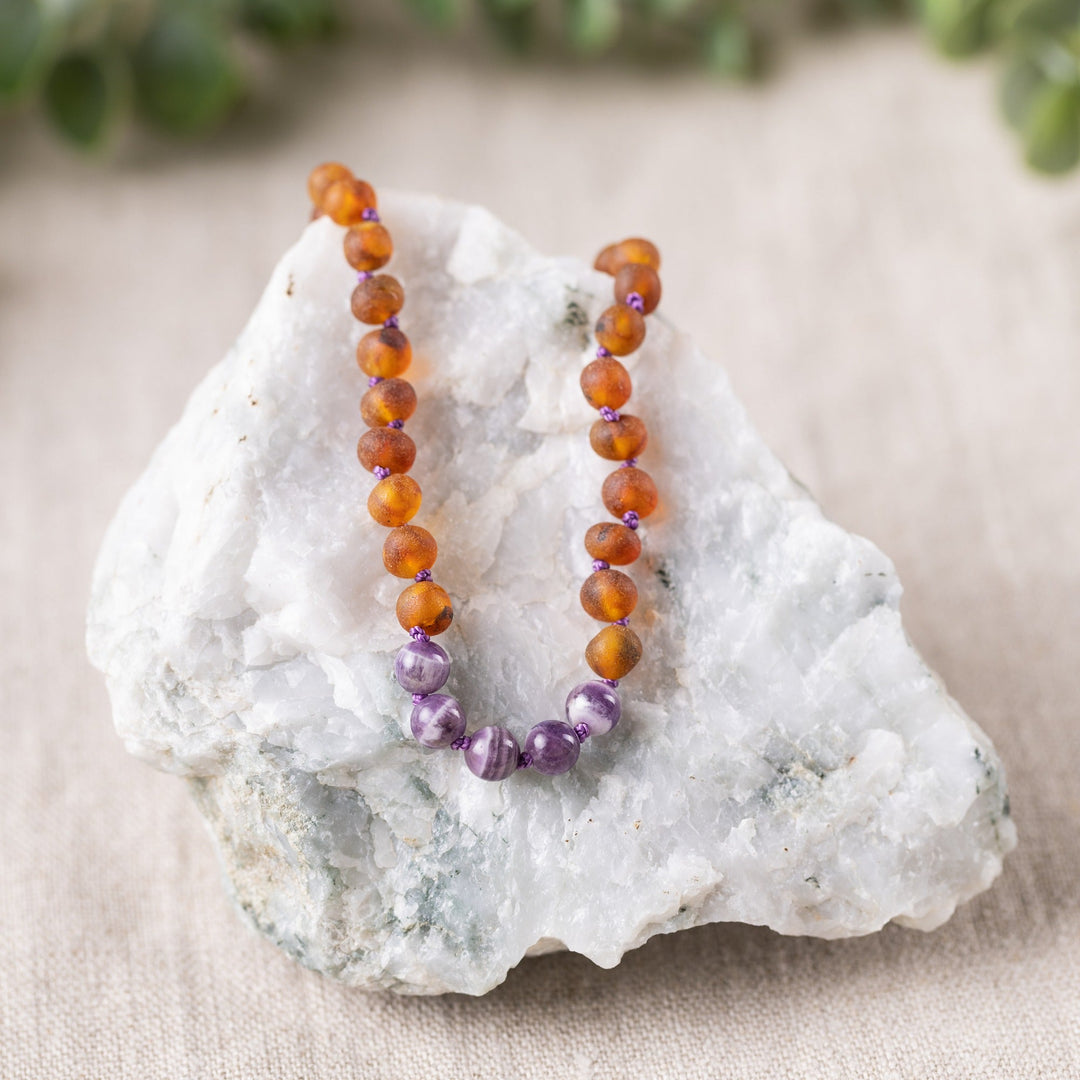 Kids | Amethyst + Raw Cognac Amber Necklace - R.B. Amber Jewelry