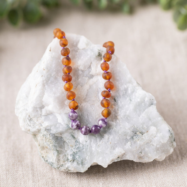 Kids | Amethyst + Raw Cognac Amber Necklace - R.B. Amber Jewelry