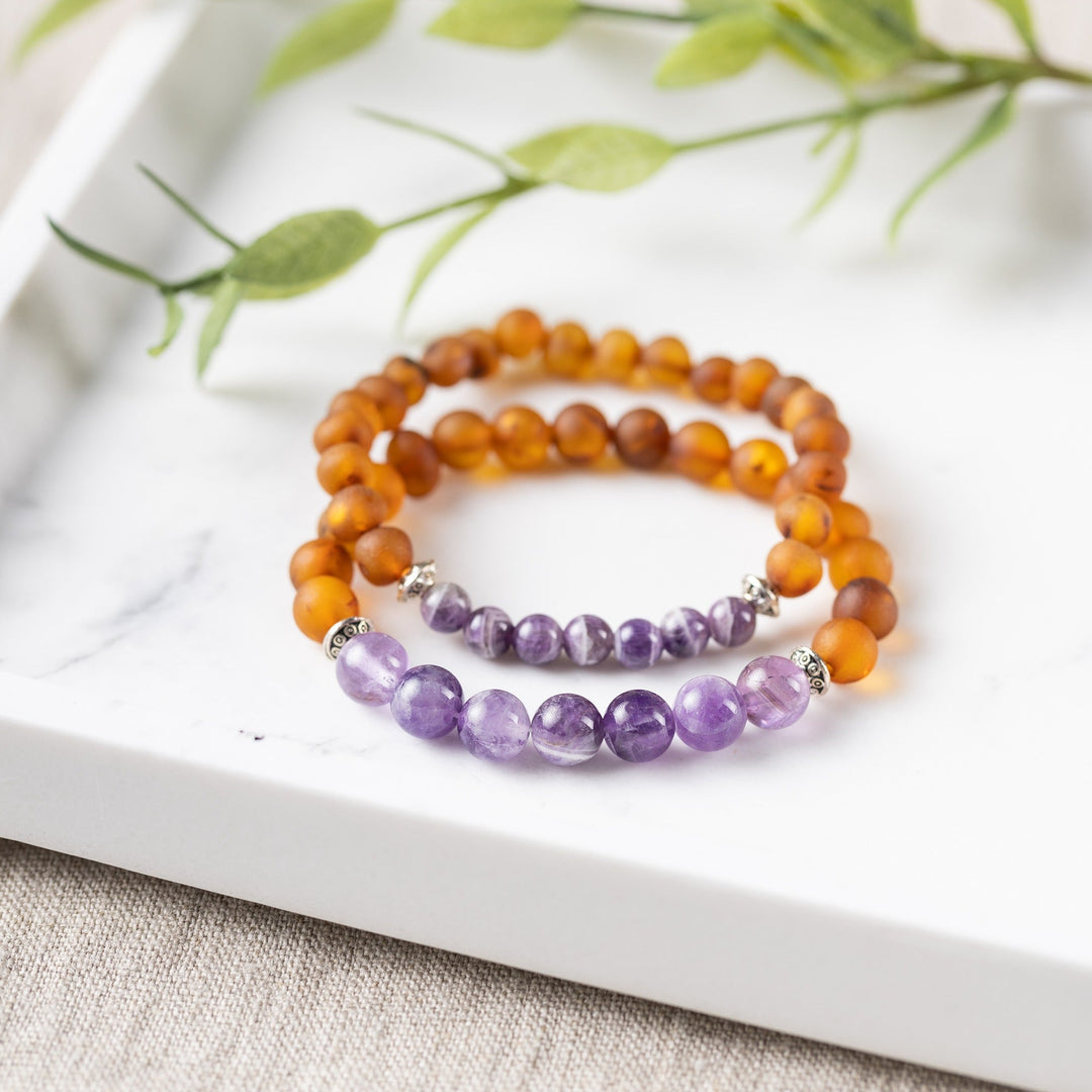 Adults | Amethyst + Raw Cognac Amber Bracelet - R.B. Amber Jewelry