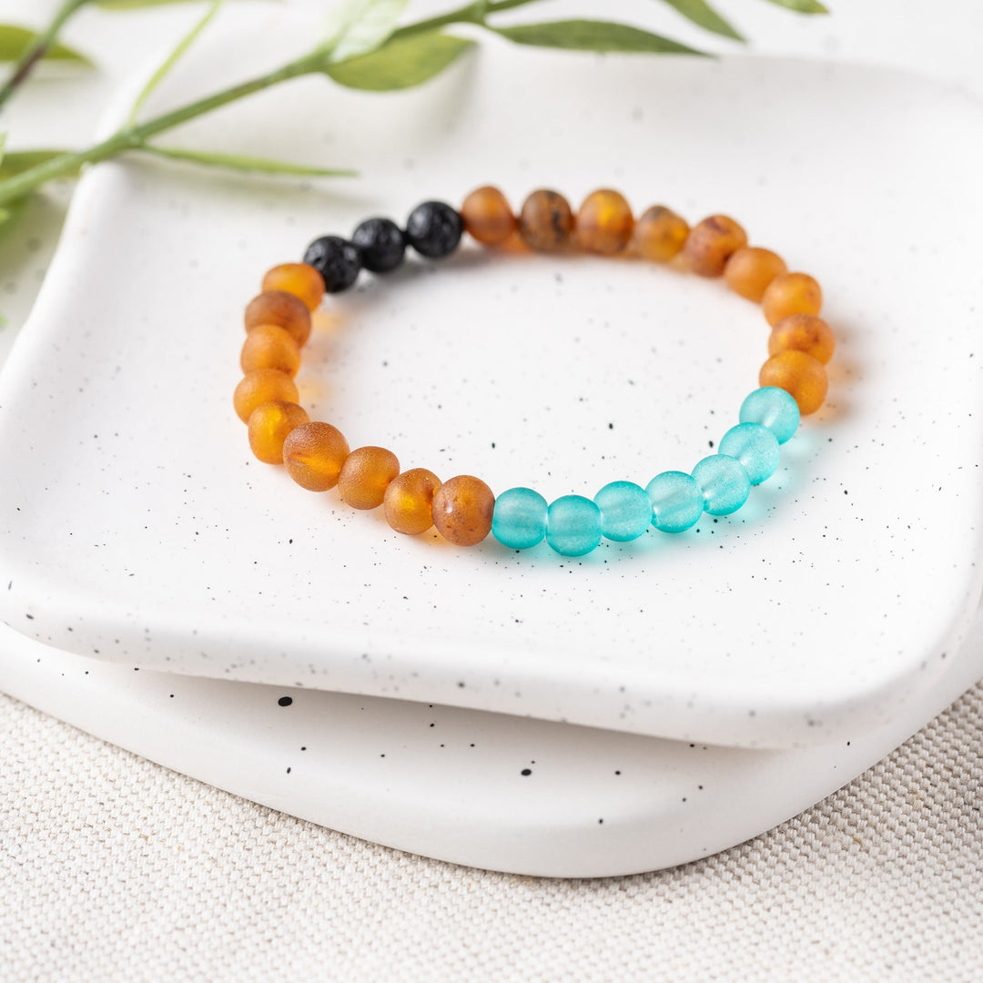 Adults | Aqua Sea Glass + Raw Cognac Aromatherapy Bracelet - R.B. Amber Jewelry