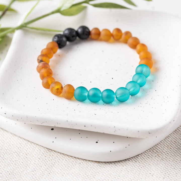 Adults | Aqua Sea Glass + Raw Cognac Aromatherapy Bracelet - R.B. Amber Jewelry