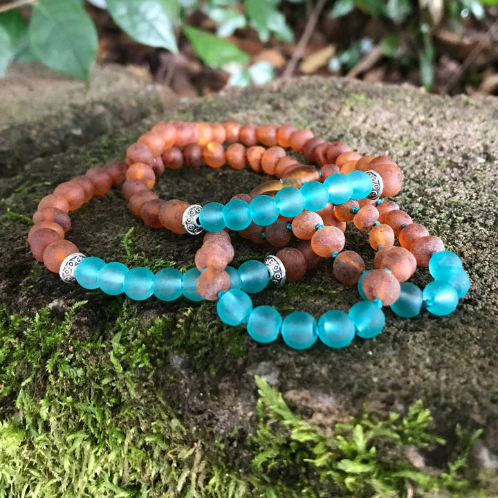 Adults | Aqua Sea Glass + Raw Cognac Bracelets - R.B. Amber Jewelry