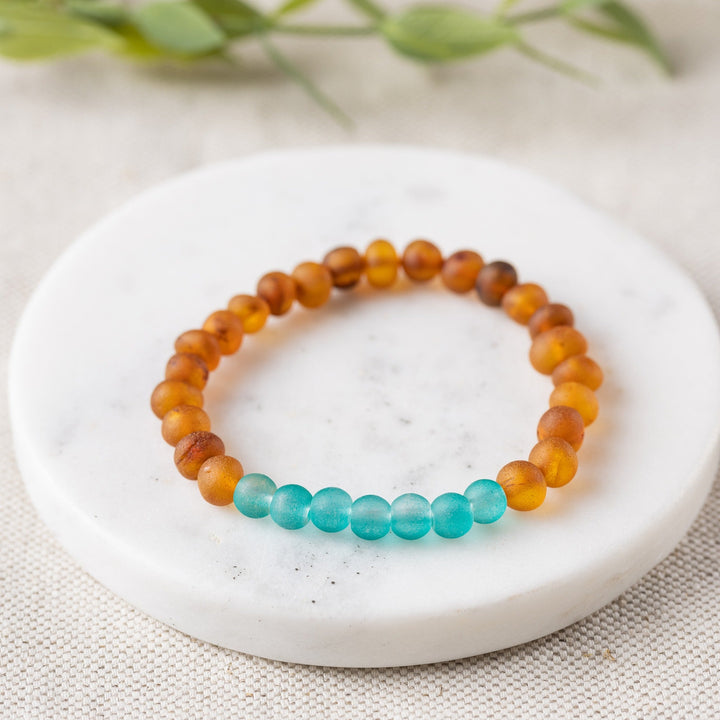 Adults | Aqua Sea Glass + Raw Cognac Amber Bracelet - R.B. Amber Jewelry