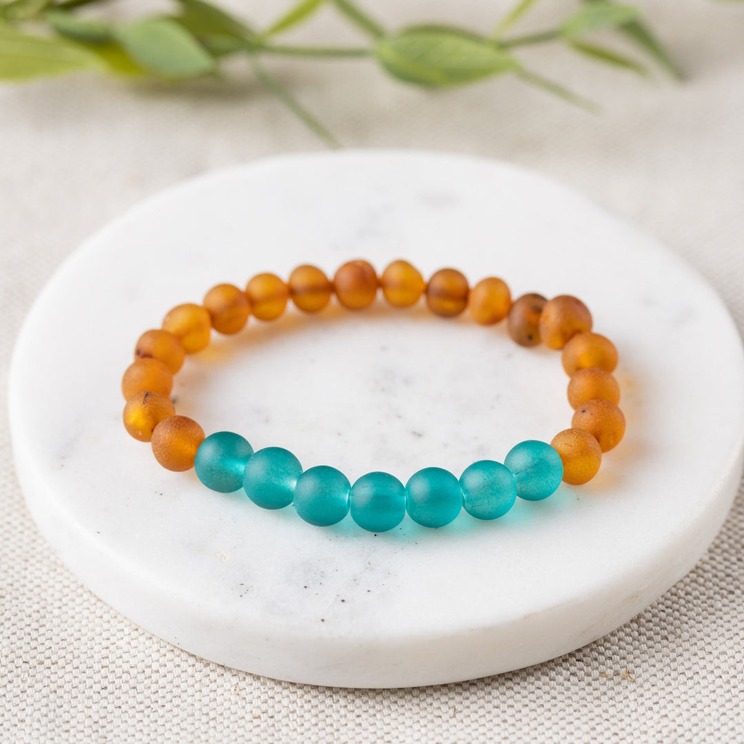 Adults | Aqua Sea Glass + Raw Cognac Amber Bracelet - R.B. Amber Jewelry