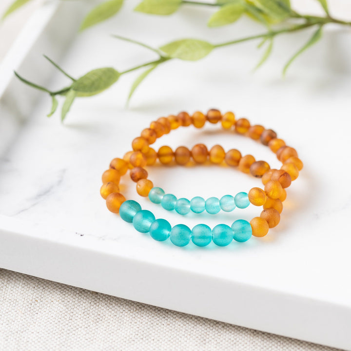 Adults | Aqua Sea Glass + Raw Cognac Amber Bracelet - R.B. Amber Jewelry