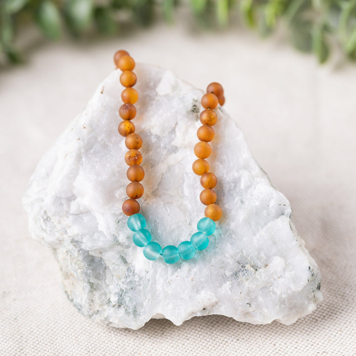 Adults | Aqua Sea Glass + Raw Cognac Amber Necklace - R.B. Amber Jewelry
