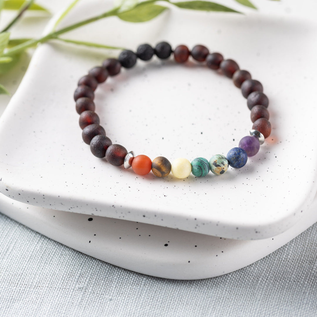 Adults | Rainbow Chakra + Raw Cherry Aromatherapy Bracelet - R.B. Amber Jewelry